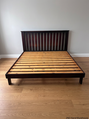 King Size Wooden Bed Frame with Slatted Headboard — Worn Mattress with Visible Marks; Bed Frame Good state – styled product image