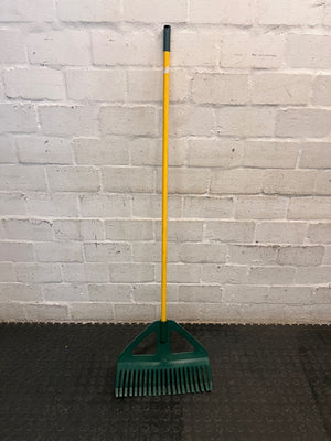 Plastic Leaf Rake with Long Yellow Handle – main front view