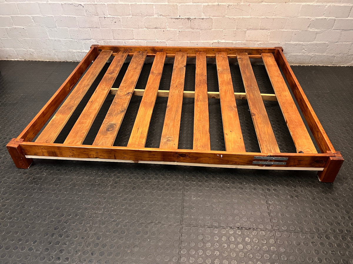 Rustic Low-Profile Wooden Double Bed Frame – back view