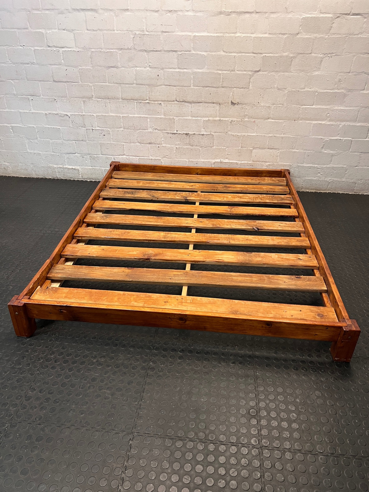 Rustic Low-Profile Wooden Double Bed Frame – main front view