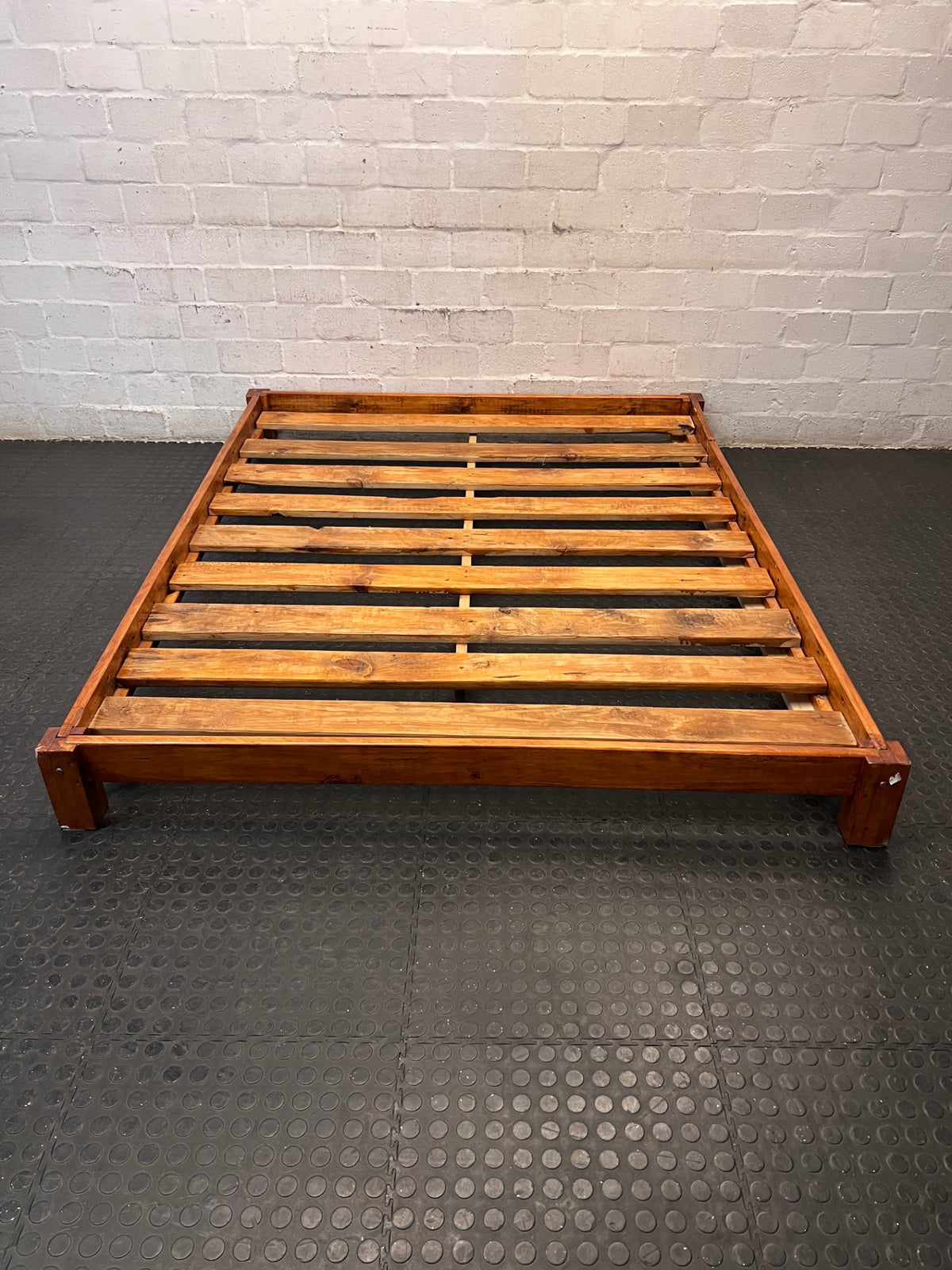 Rustic Low-Profile Wooden Double Bed Frame – top view