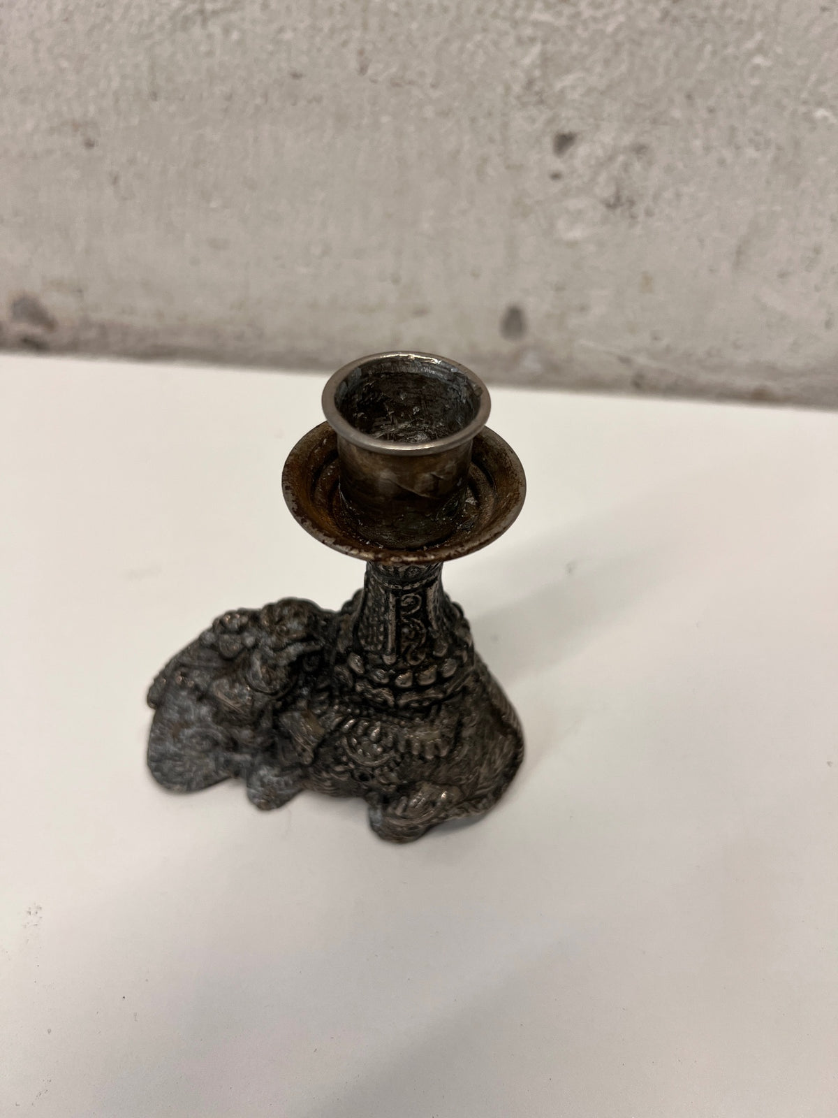 Elephant Motif Metal Taper Candle Holder — Good Working Order – back view
