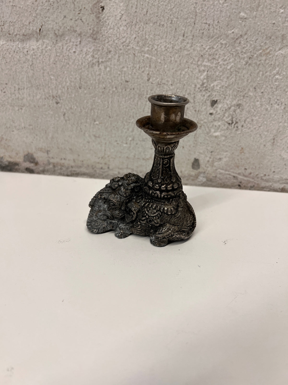 Elephant Motif Metal Taper Candle Holder — Good Working Order – main front view