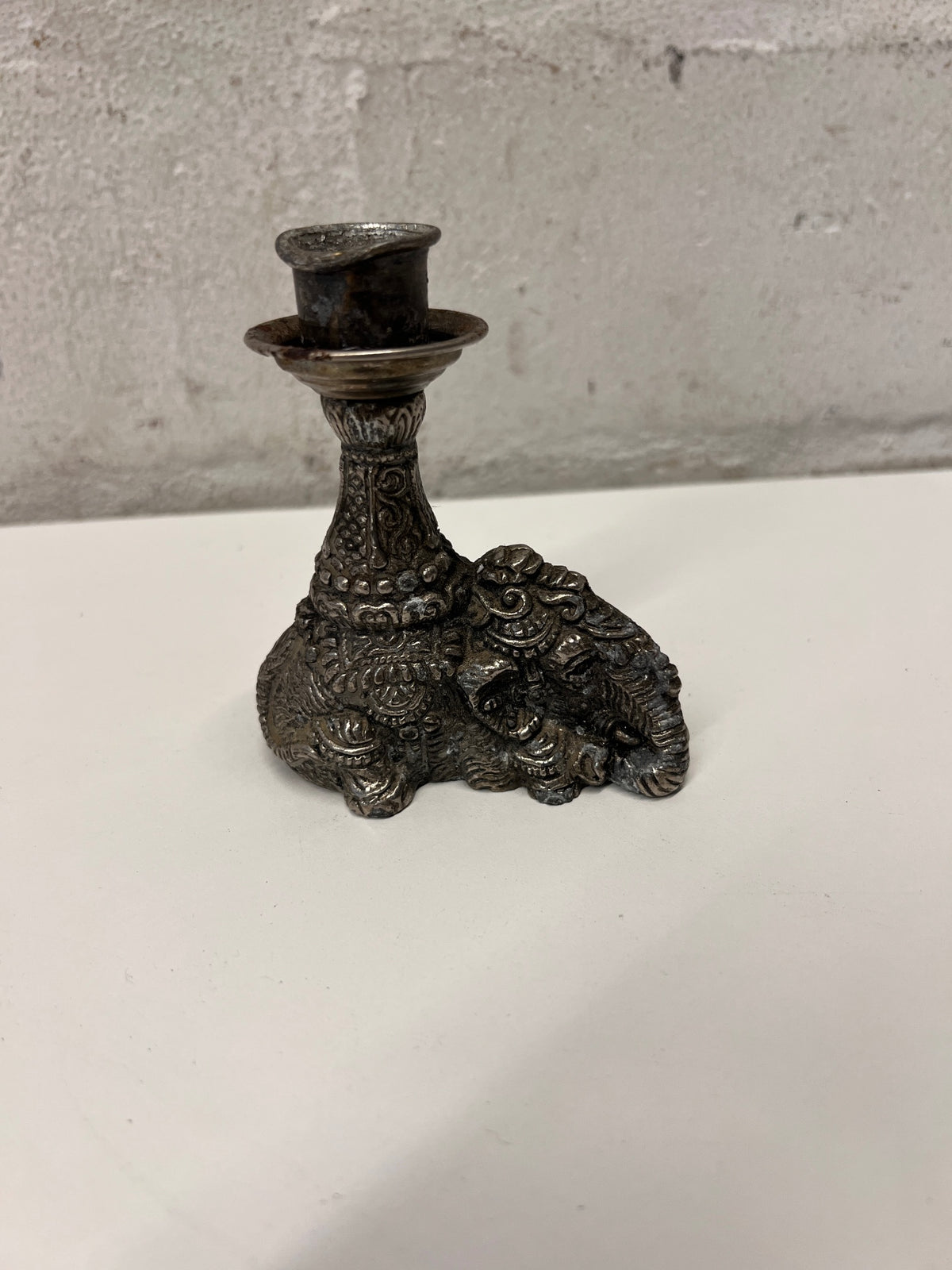 Elephant Motif Metal Taper Candle Holder — Good Working Order – top view