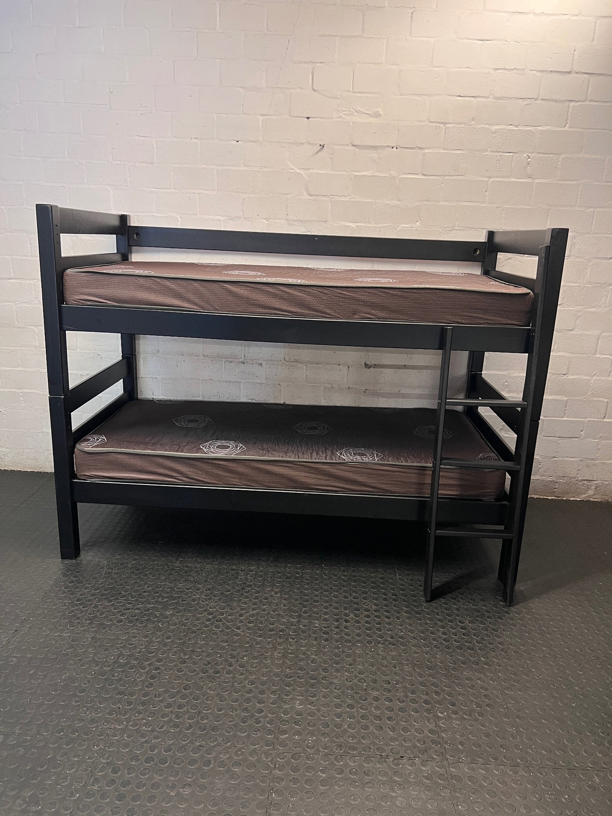 Black Wooden Bunk Bed with Mattresses and Ladder — Good Working Order – main front view