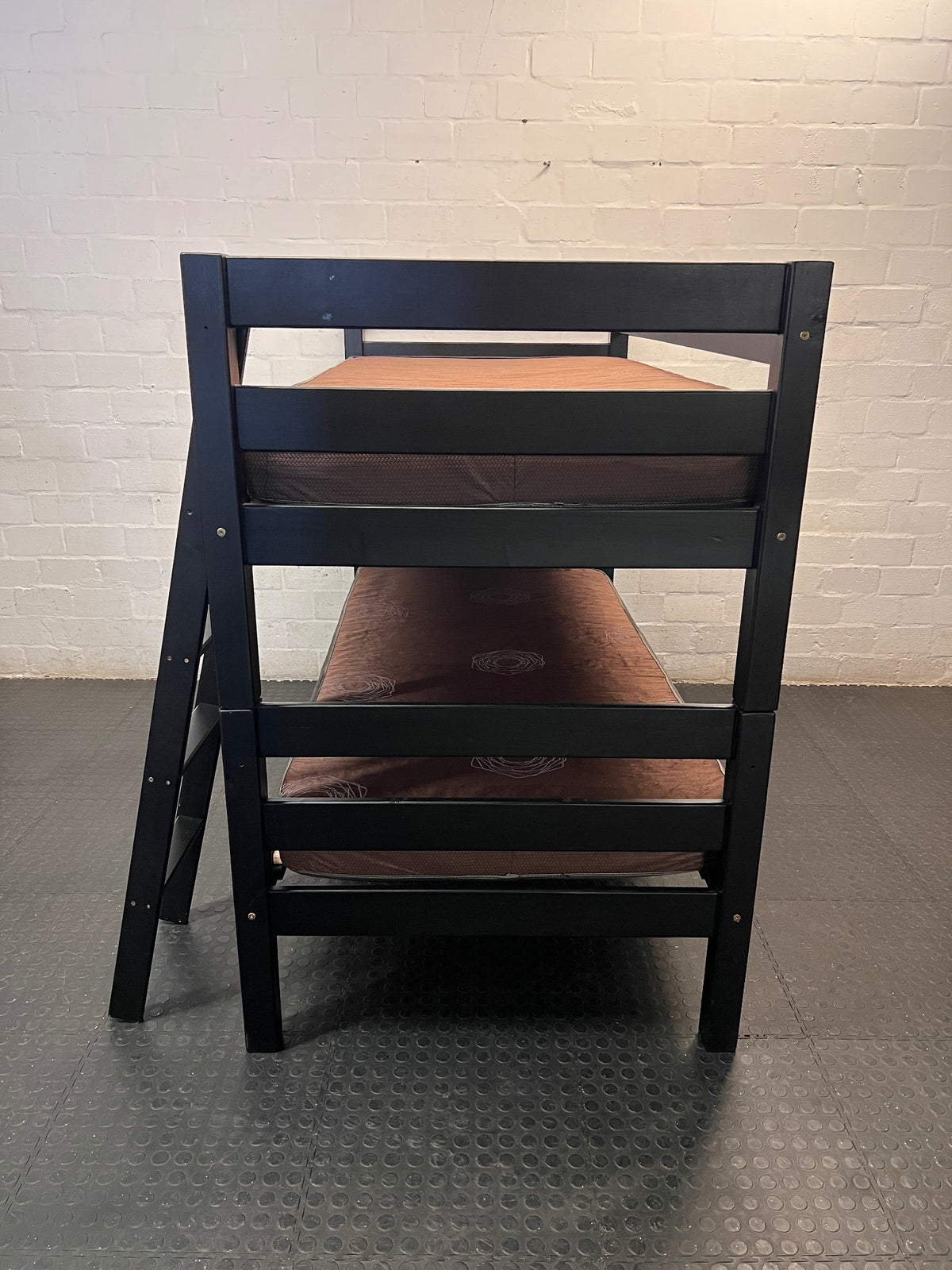 Black Wooden Bunk Bed with Mattresses and Ladder — Good Working Order – side view