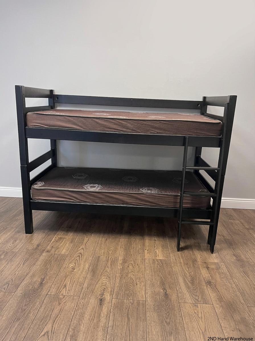 Black Wooden Bunk Bed with Mattresses and Ladder — Good Working Order – styled product image