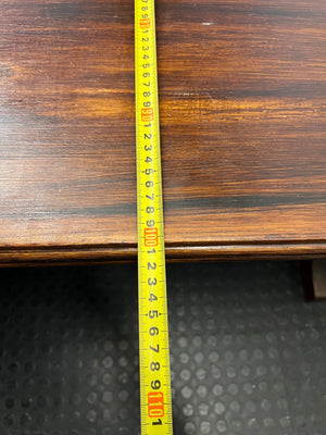 Rounded Brown Timber Dining Table with Pedestal Base — Visible Wear on Tabletop – depth measurement