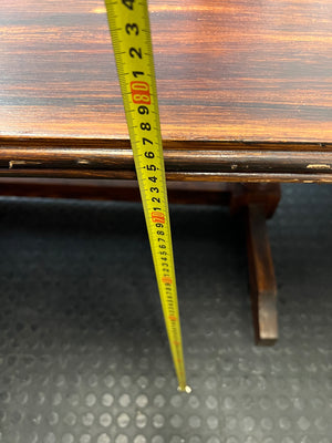 Rounded Brown Timber Dining Table with Pedestal Base — Visible Wear on Tabletop – height measurement
