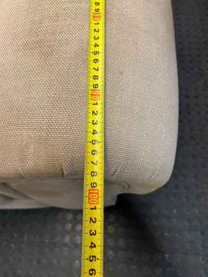 Grey Upholstered Two-Seater Couch with Rolled Arms — Good to Fair Condition with Marks on Armrest – depth measurement