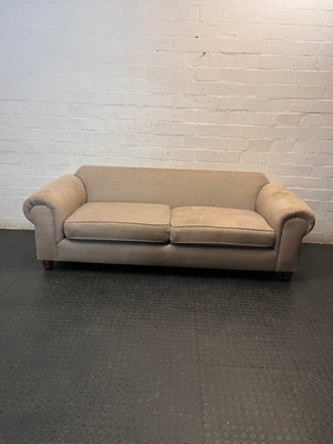 Grey Upholstered Two-Seater Couch with Rolled Arms — Good to Fair Condition with Marks on Armrest – main front view
