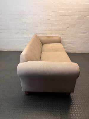 Grey Upholstered Two-Seater Couch with Rolled Arms — Good to Fair Condition with Marks on Armrest – side view