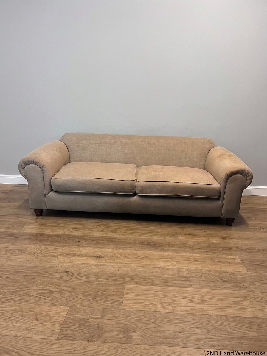 Grey Upholstered Two-Seater Couch with Rolled Arms — Good to Fair Condition with Marks on Armrest – styled product image