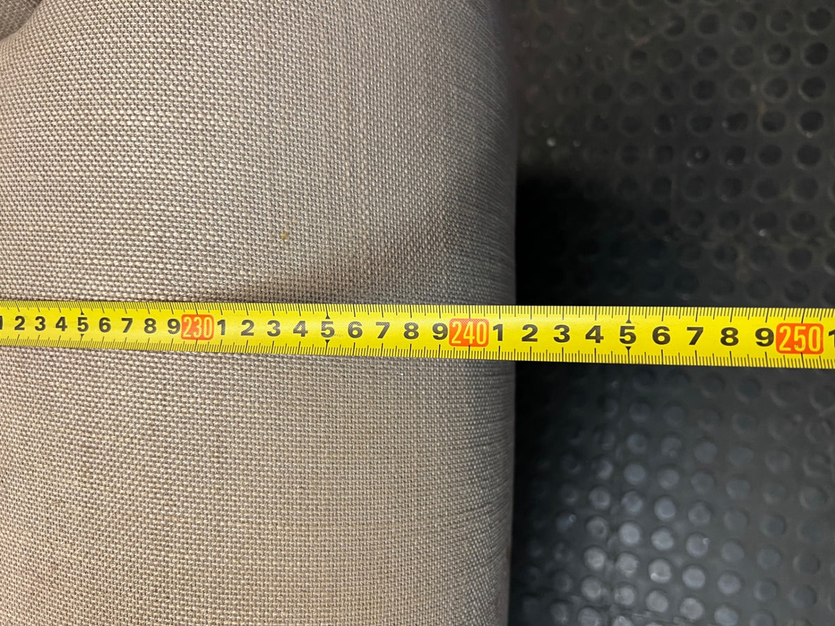 Grey Upholstered Two-Seater Couch with Rolled Arms — Good to Fair Condition with Marks on Armrest – width measurement