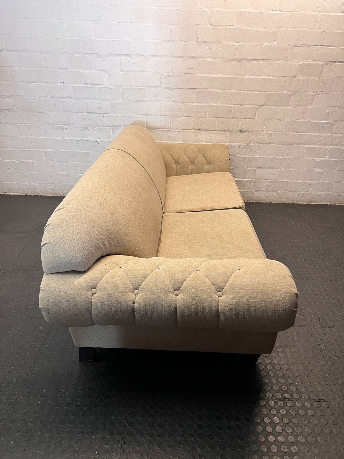 Classic Rolled Arm 2 Seater Couch in Grey — Good Condition – back view