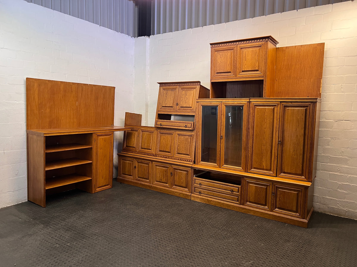 Large Oak-Toned Multi-Section Wall Unit — Damaged TV Unit – main front view