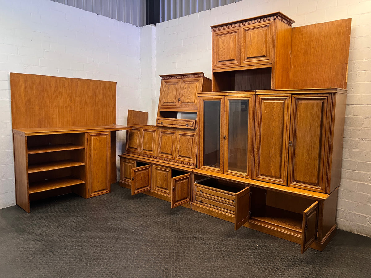 Large Oak-Toned Multi-Section Wall Unit — Damaged TV Unit – side view
