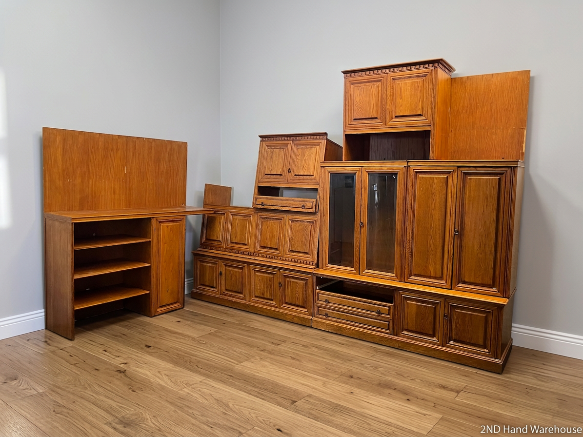 Large Oak-Toned Multi-Section Wall Unit — Damaged TV Unit – styled product image