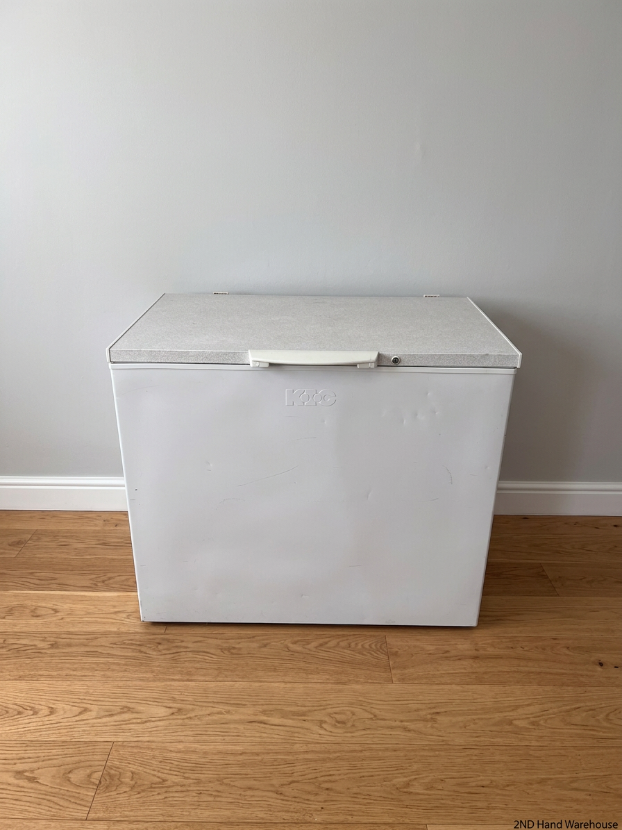 KIC White Chest Freezer with Grey Lid — Not Reaching Freezing Temperatures; Minor Cosmetic Damage – styled product image