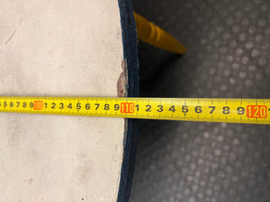 Round Yellow Wood Outdoor Table with Blue Trim — Visible Wear and Surface Staining – depth measurement
