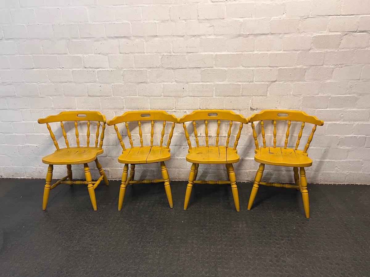 Yellow Farmhouse Style Wooden Outdoor Chair — Cracked Seat and Worn Paintwork – back view