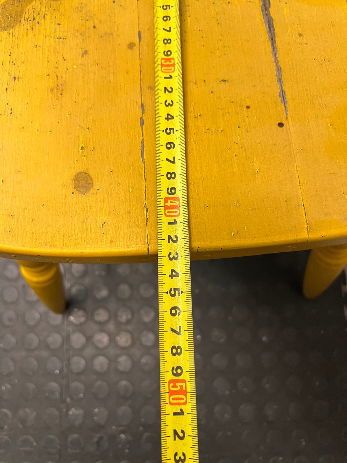 Yellow Farmhouse Style Wooden Outdoor Chair — Cracked Seat and Worn Paintwork – depth measurement