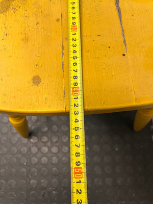 Yellow Farmhouse Style Wooden Outdoor Chair — Cracked Seat and Worn Paintwork – depth measurement