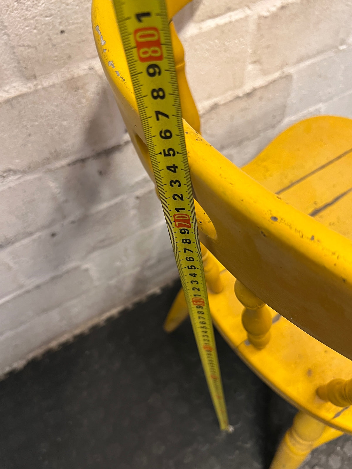 Yellow Farmhouse Style Wooden Outdoor Chair — Cracked Seat and Worn Paintwork – height measurement