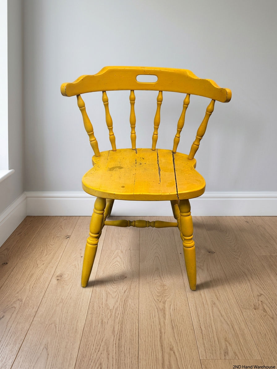 Yellow Farmhouse Style Wooden Outdoor Chair — Cracked Seat and Worn Paintwork – styled product image