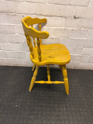 Yellow Farmhouse Style Wooden Outdoor Chair — Cracked Seat and Worn Paintwork – top view