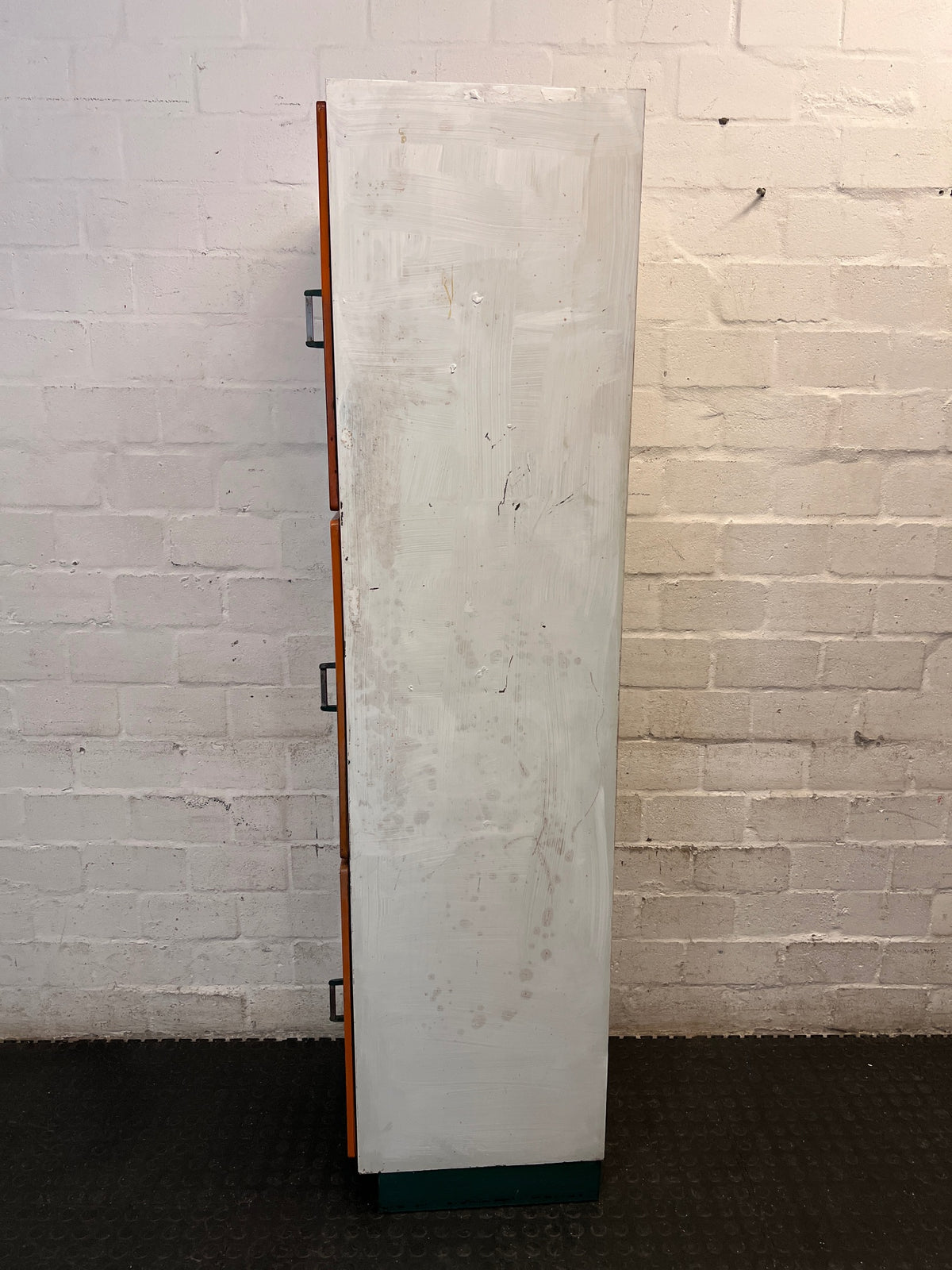 Tall Orange and White Three-Door Storage Cupboard — Well Used with Visible Marks and Scuffs – condition detail