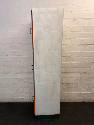Tall Orange and White Three-Door Storage Cupboard — Well Used with Visible Marks and Scuffs – condition detail