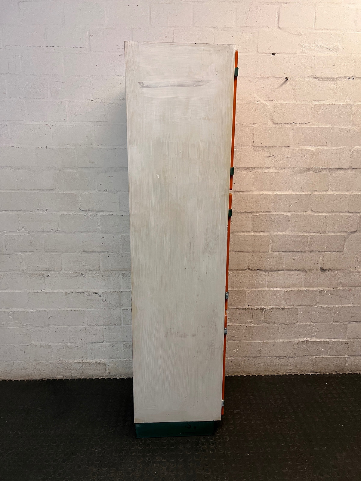 Tall Orange and White Three-Door Storage Cupboard — Well Used with Visible Marks and Scuffs – top view