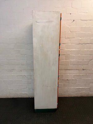 Tall Orange and White Three-Door Storage Cupboard — Well Used with Visible Marks and Scuffs – top view