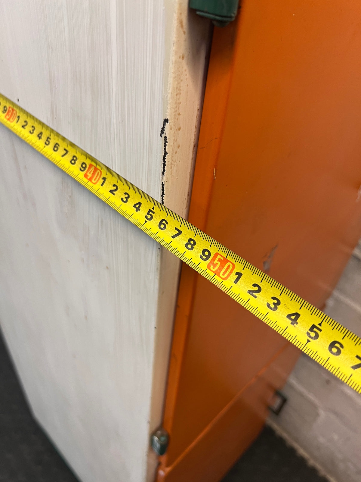 Tall Orange and White Three-Door Storage Cupboard — Well Used with Visible Marks and Scuffs – width measurement