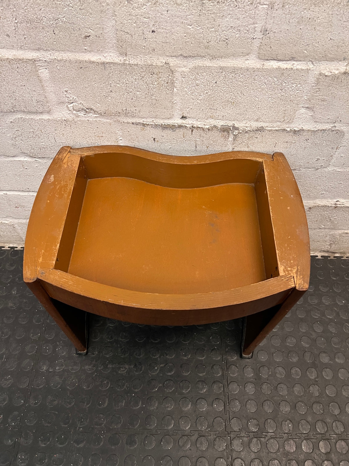 Curved Wooden Stool with Tiled Red Top — Fair Used Condition with Surface Wear – condition detail