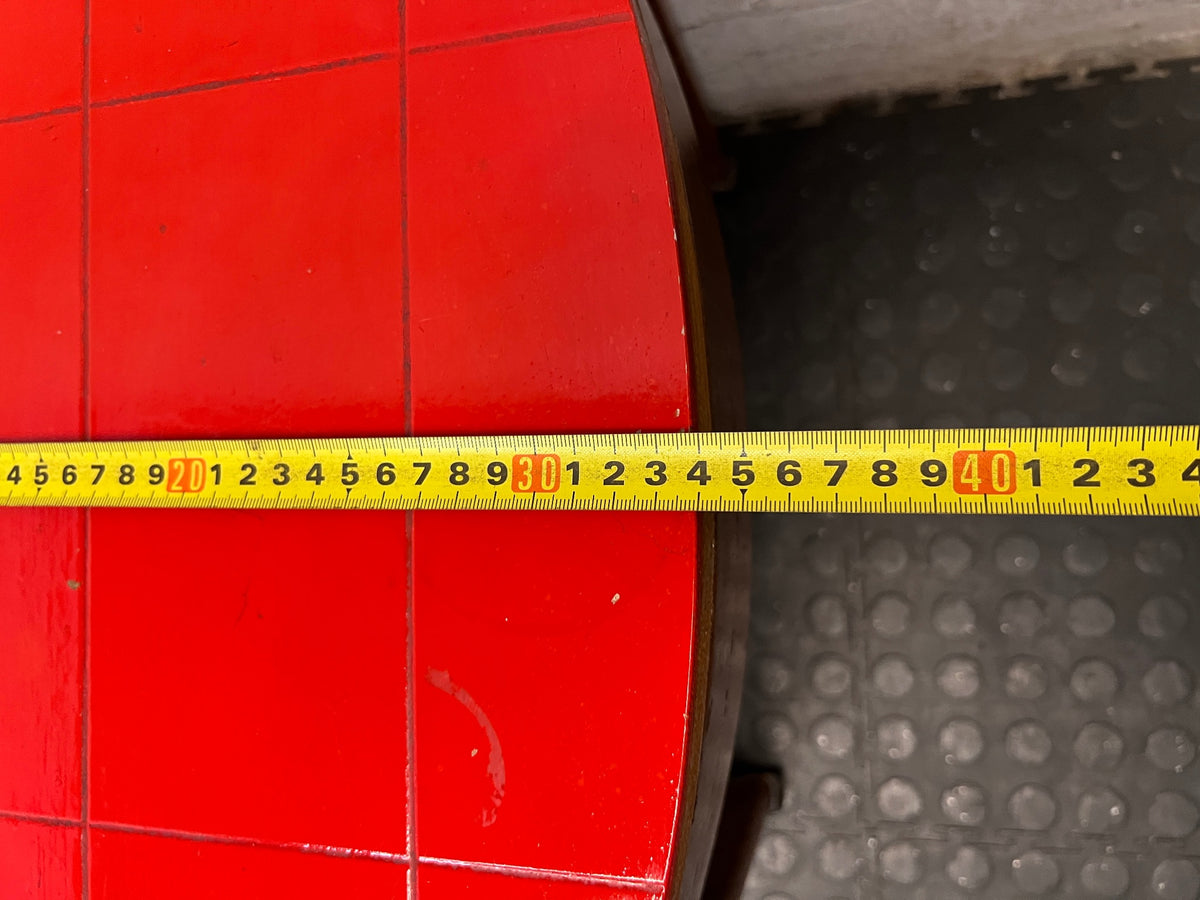 Curved Wooden Stool with Tiled Red Top — Fair Used Condition with Surface Wear – depth measurement