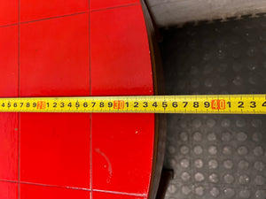 Curved Wooden Stool with Tiled Red Top — Fair Used Condition with Surface Wear – depth measurement
