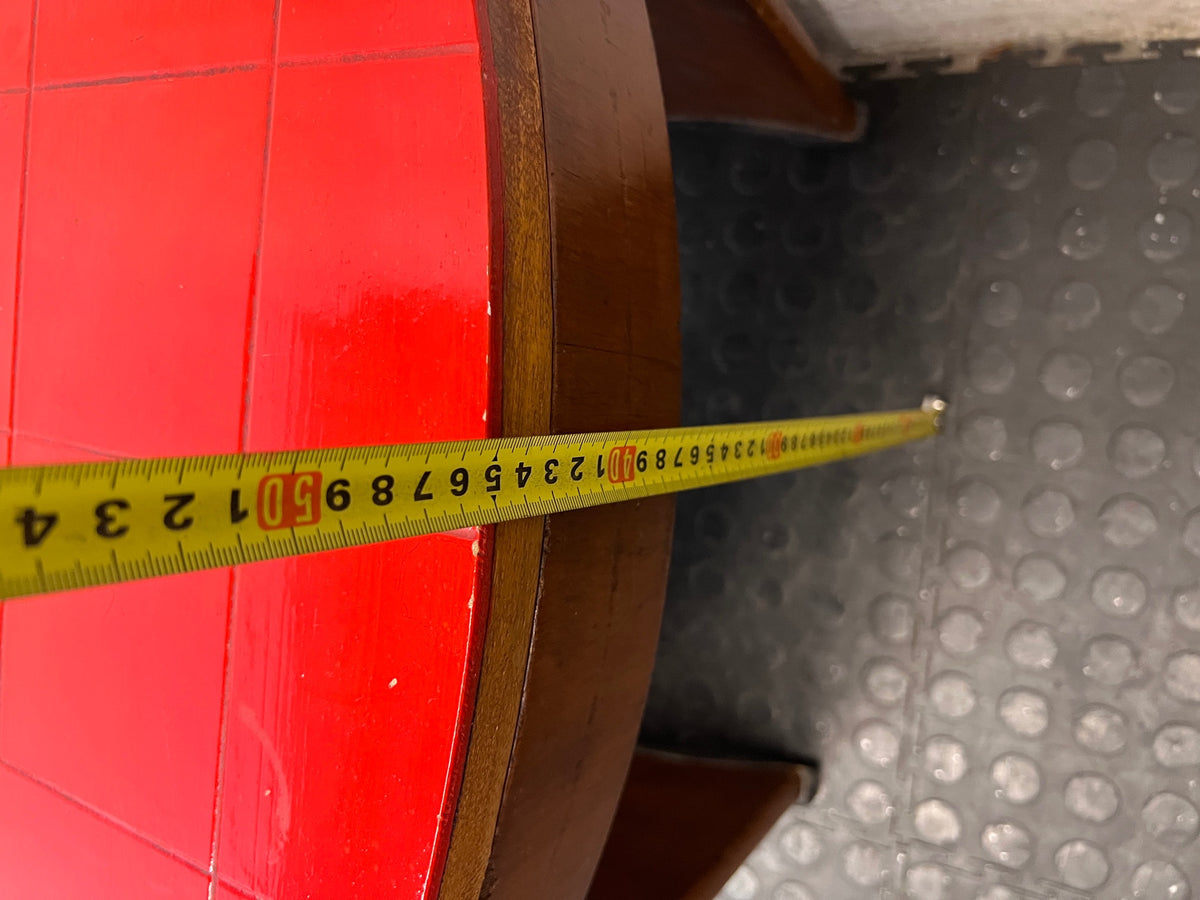 Curved Wooden Stool with Tiled Red Top — Fair Used Condition with Surface Wear – height measurement
