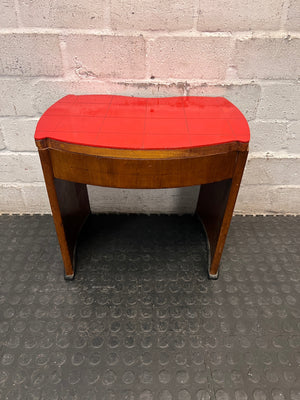 Curved Wooden Stool with Tiled Red Top — Fair Used Condition with Surface Wear – main front view