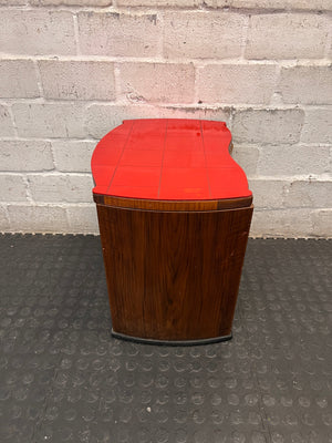 Curved Wooden Stool with Tiled Red Top — Fair Used Condition with Surface Wear – side view