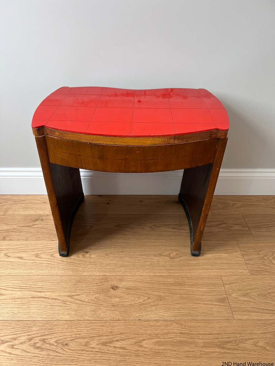Curved Wooden Stool with Tiled Red Top — Fair Used Condition with Surface Wear – styled product image
