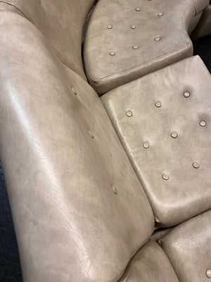 Beige L-Shape Curved Upholstered Corner Couch — Sagging Seats, Thin Padding, and Missing Buttons – back view