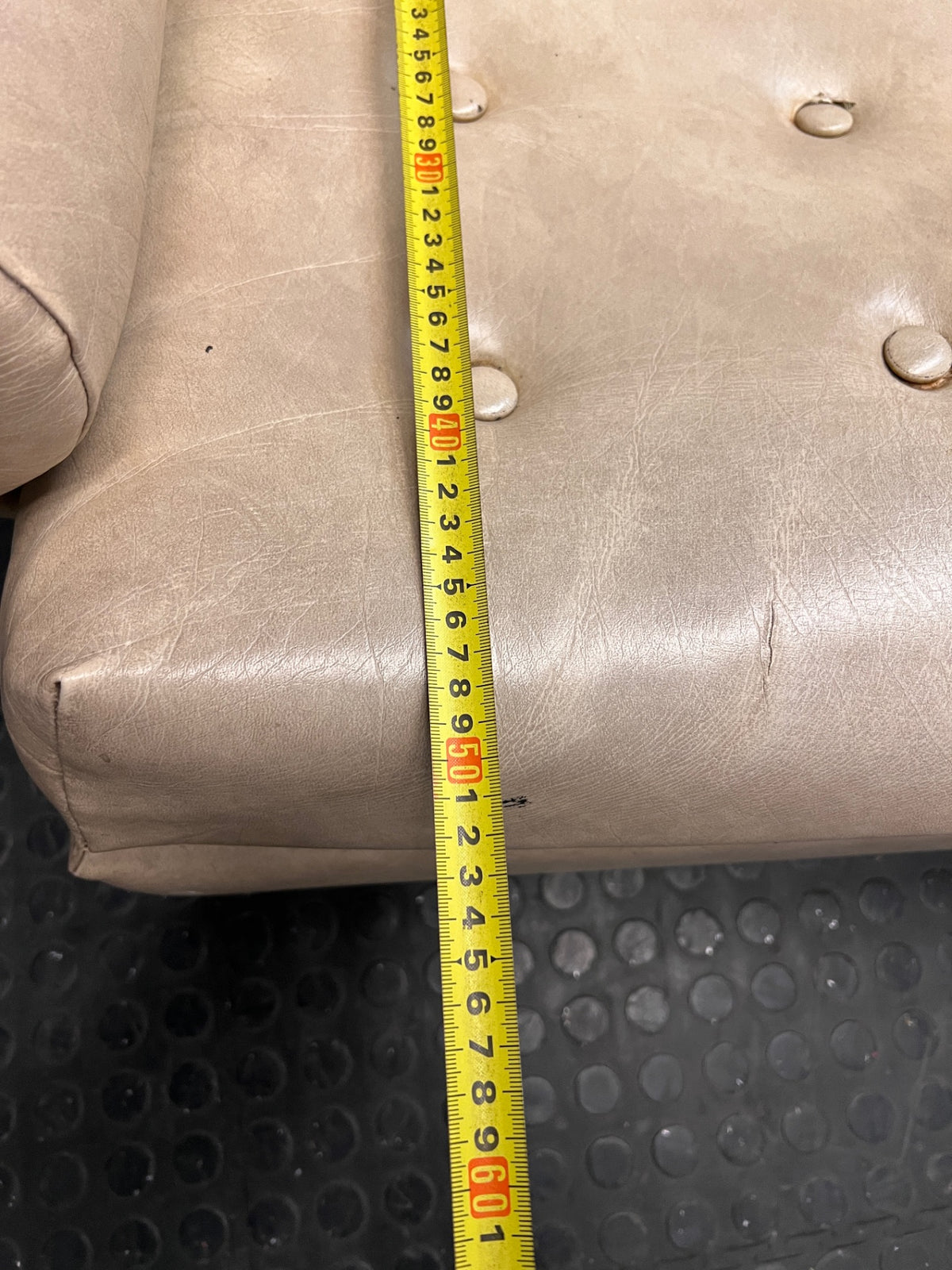 Beige L-Shape Curved Upholstered Corner Couch — Sagging Seats, Thin Padding, and Missing Buttons – depth measurement
