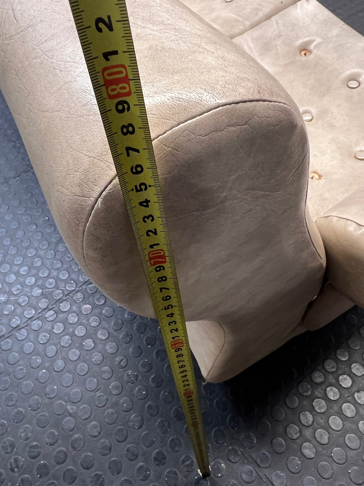 Beige L-Shape Curved Upholstered Corner Couch — Sagging Seats, Thin Padding, and Missing Buttons – height measurement