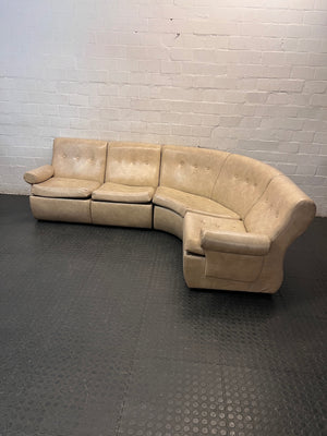 Beige L-Shape Curved Upholstered Corner Couch — Sagging Seats, Thin Padding, and Missing Buttons – main front view