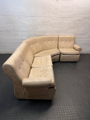 Beige L-Shape Curved Upholstered Corner Couch — Sagging Seats, Thin Padding, and Missing Buttons – side view