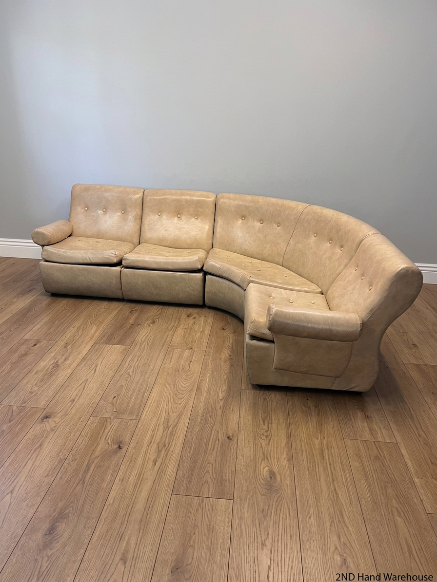 Beige L-Shape Curved Upholstered Corner Couch — Sagging Seats, Thin Padding, and Missing Buttons – styled product image