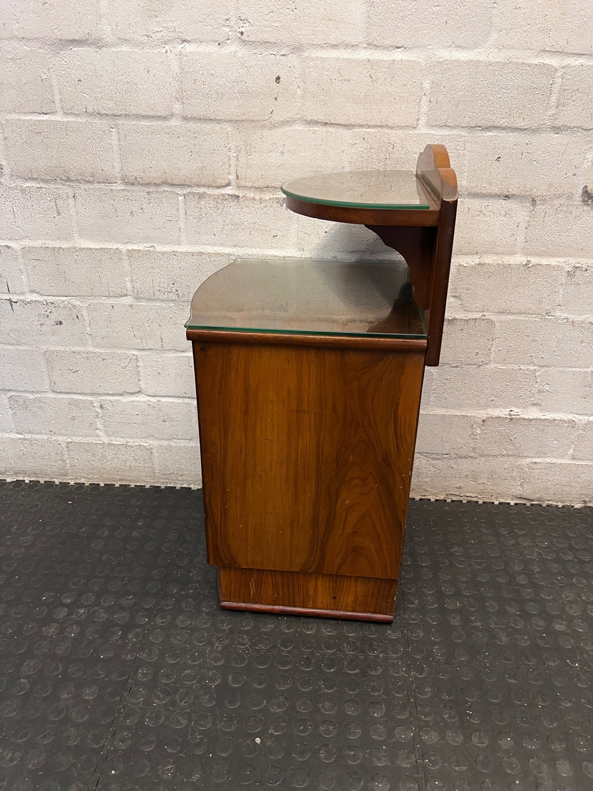 Vintage-Style Wooden Bedside Pedestal with Glass Tops — Fair Used Condition – condition detail