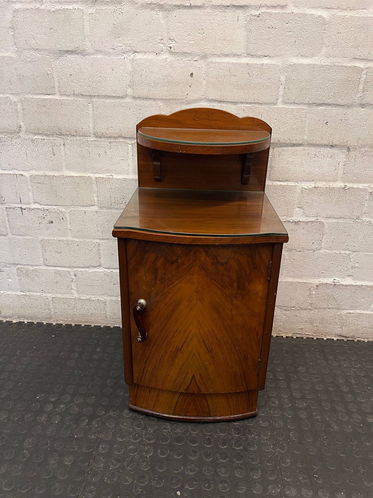 Vintage-Style Wooden Bedside Pedestal with Glass Tops — Fair Used Condition – main front view